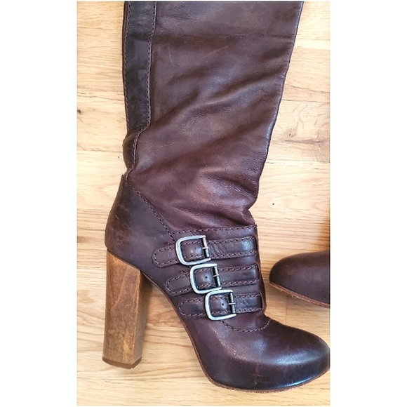 Chloe Three Buckle Wooden Heel Knee-high Leather Boot Size US 7 Brown - Picture 2 of 15